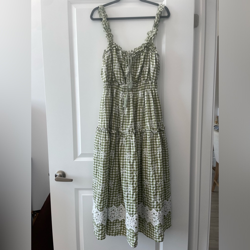Vici Size XL Bibi Eyelet Lace Gingham Midi Summer Dress - Green & White